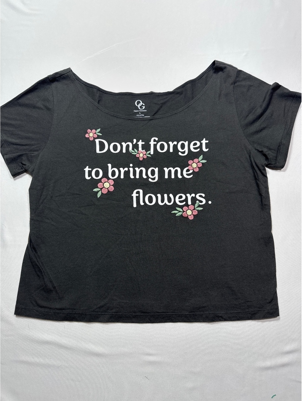 Organic Generation Black Cotton Tee with Cute Flower Print -